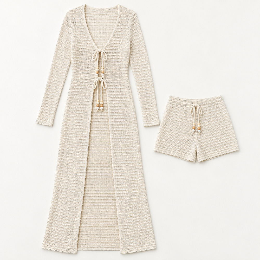 BLITHE Cream Crochet Knit Long Duster Cardigan Shorts Set Resort Coverup NWT